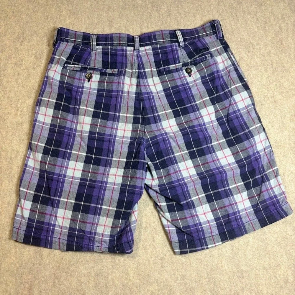 IZOD Plaid Shorts Mens 34 Purple Cotton Preppy Classic Flat Front Casual Trendy